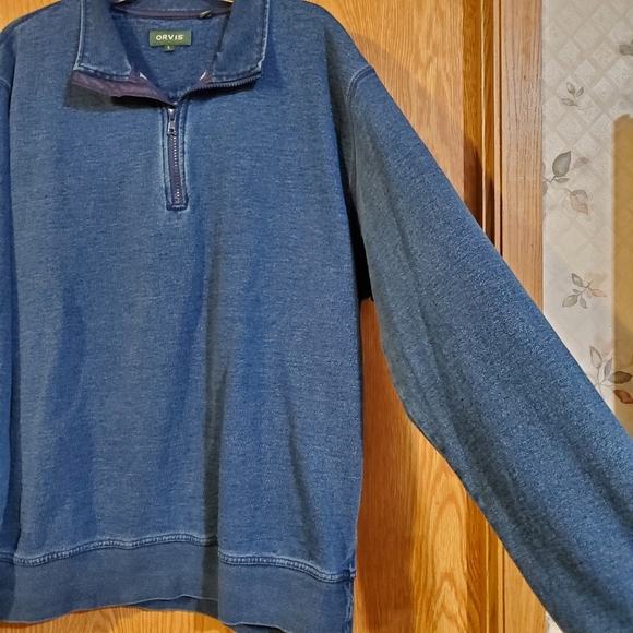 Orvis blue denim 1/4 zip pullover with elbow patches cotton size L - Picture 4 of 9